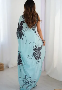 Digital Printed Chinon Chiffon Scalloped Saree in Blue