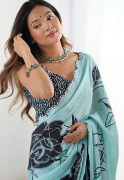 Digital Printed Chinon Chiffon Scalloped Saree in Blue