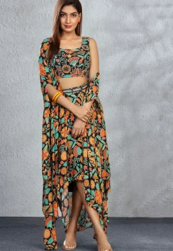 Digital Printed Chinon Chiffon Crop Top Set in Black