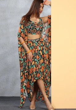 Digital Printed Chinon Chiffon Crop Top Set in Black