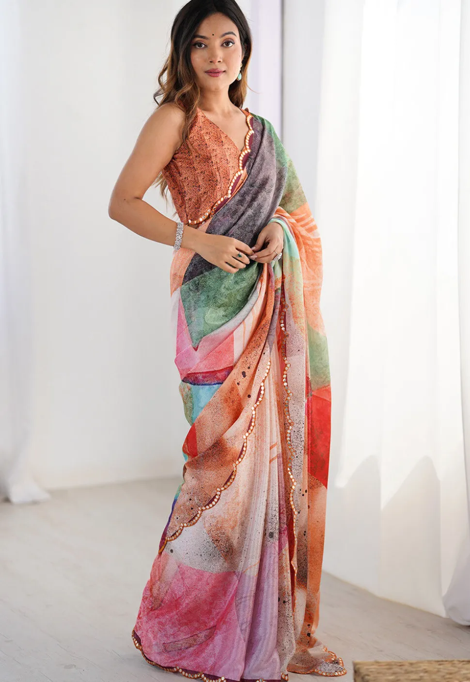 Digital Printed Chinon Crepe Saree in Multicolor