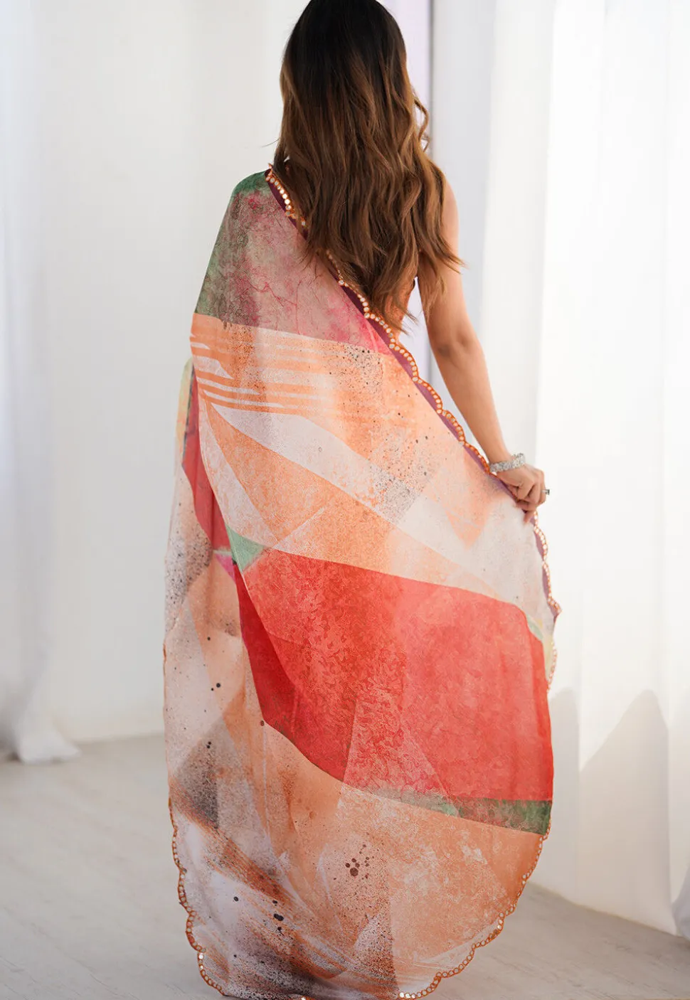 Digital Printed Chinon Crepe Saree in Multicolor