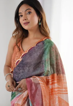 Digital Printed Chinon Crepe Saree in Multicolor