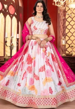 Digital Printed Chinon Crepe Lehenga in White
