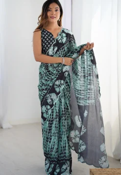 Digital Printed Chinon Crepe Saree in Sea Green and Black
