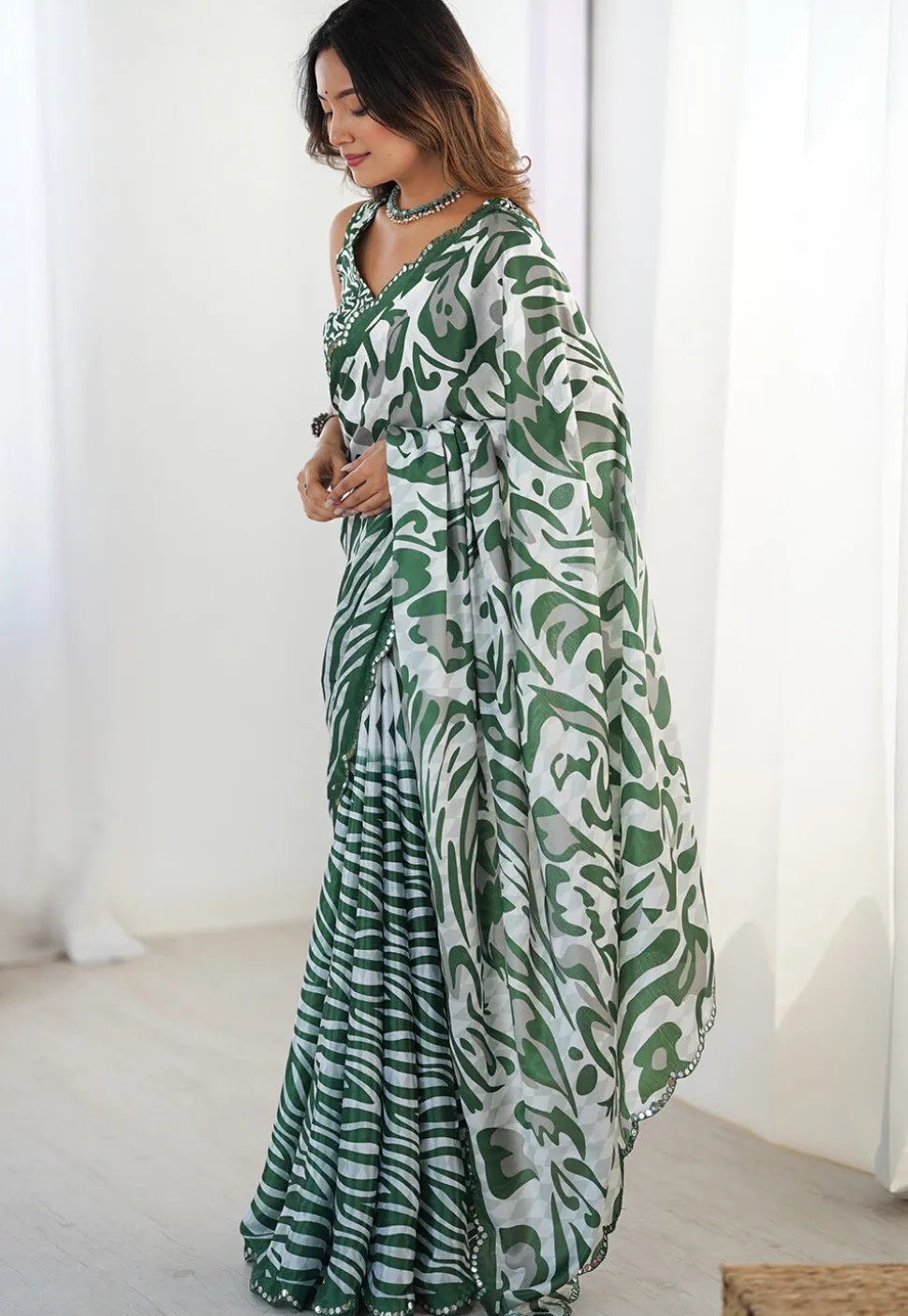 Digital Printed Chinon Crepe Saree in Green and White