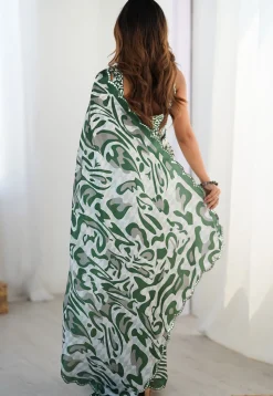 Digital Printed Chinon Crepe Saree in Green and White