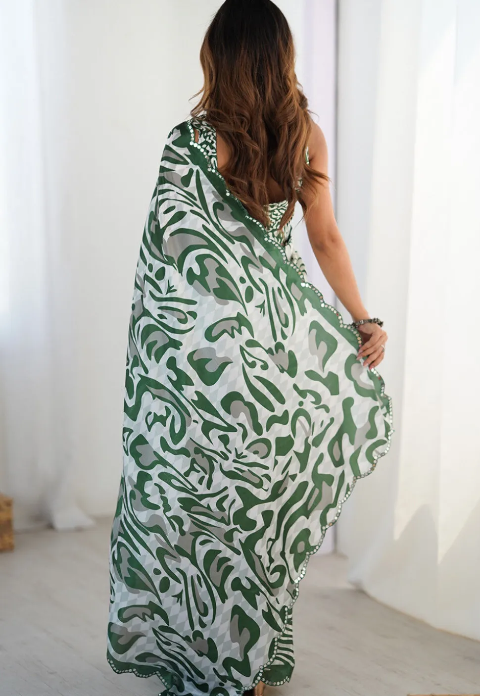 Digital Printed Chinon Crepe Saree in Green and White