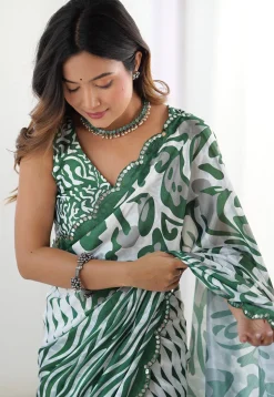 Digital Printed Chinon Crepe Saree in Green and White