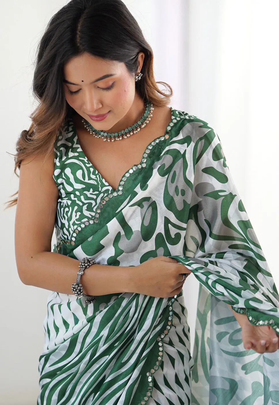 Digital Printed Chinon Crepe Saree in Green and White