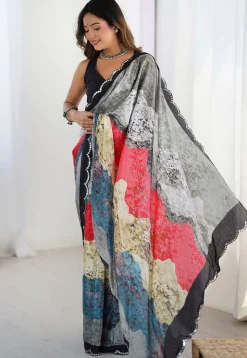 Digital Printed Chinon Crepe Saree in Multicolor