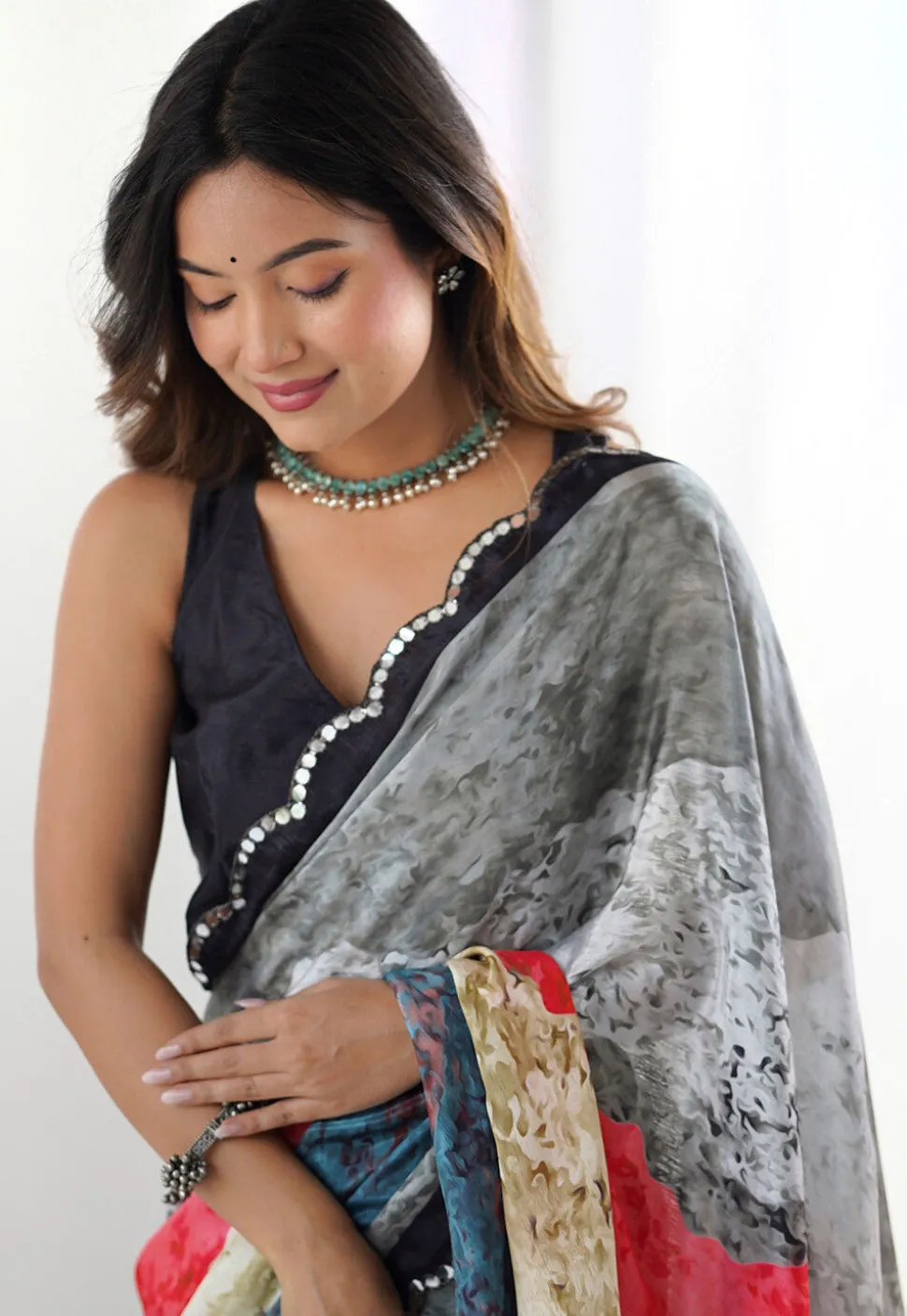 Digital Printed Chinon Crepe Saree in Multicolor