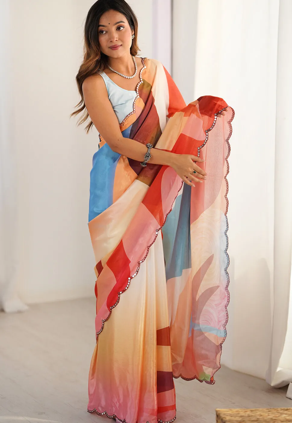 Digital Printed Chinon Crepe Saree in Multicolor