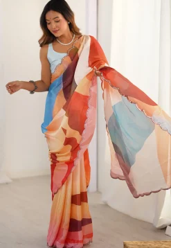 Digital Printed Chinon Crepe Saree in Multicolor