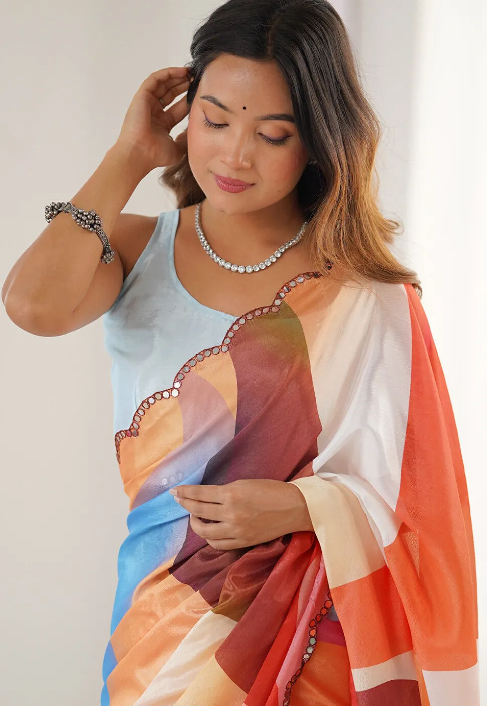 Digital Printed Chinon Crepe Saree in Multicolor