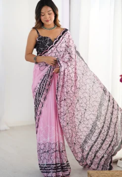 Digital Printed Chinon Crepe Saree in Pink