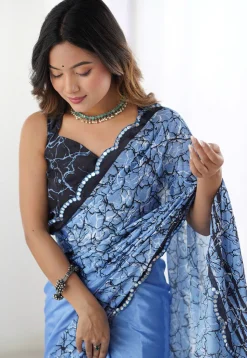 Digital Printed Chinon Crepe Saree in Blue