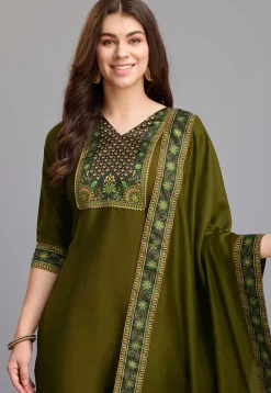 Digital Printed Chinon Silk Pakistani Suit in Dark Olive Green