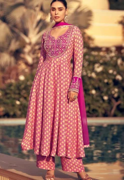 Digital Printed Chinon Silk Aline Suit in Pink