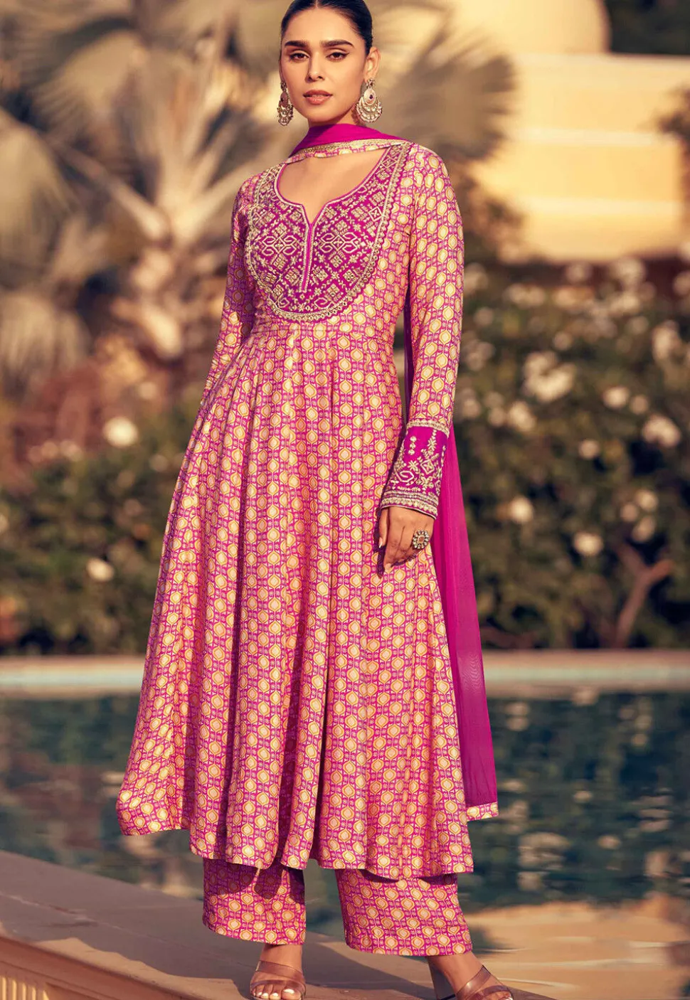 Digital Printed Chinon Silk Aline Suit in Pink