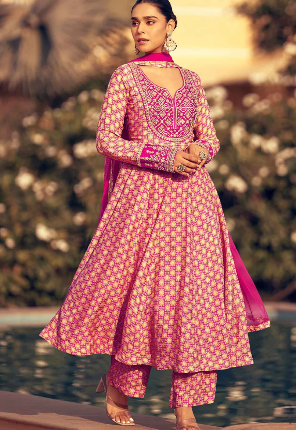 Digital Printed Chinon Silk Aline Suit in Pink