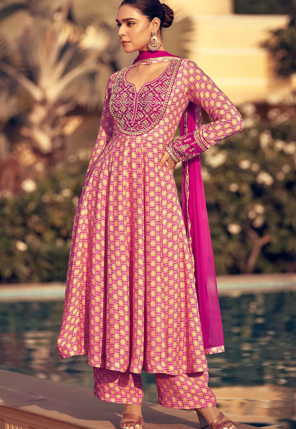 Digital Printed Chinon Silk Aline Suit in Pink
