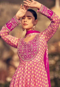 Digital Printed Chinon Silk Aline Suit in Pink
