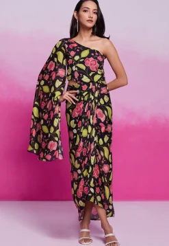 Digital Printed Chinon Silk Gown in Black