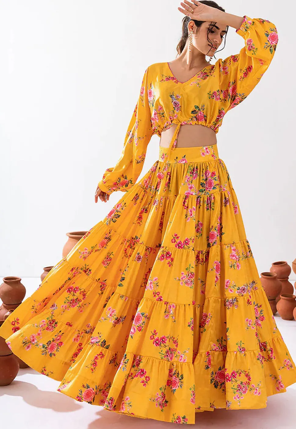 Digital Printed Chinon Silk Co Ord Set in Yellow