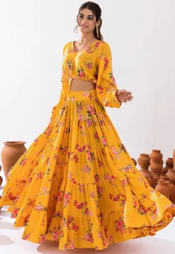 Digital Printed  Chinon Silk Co Ord Set in Yellow