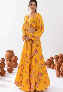 Digital Printed Chinon Silk Co Ord Set in Yellow
