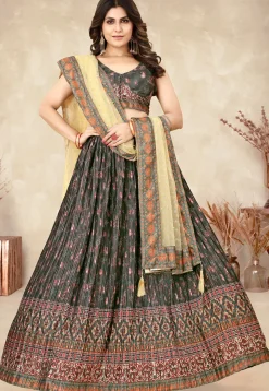Digital Printed Chinon Silk Lehenga in Dark Grey
