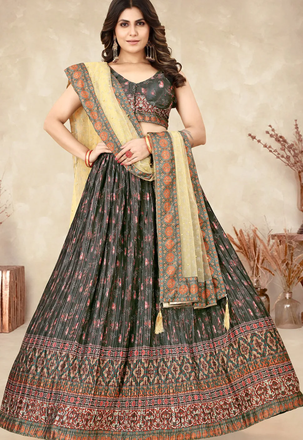 Digital Printed Chinon Silk Lehenga in Dark Grey