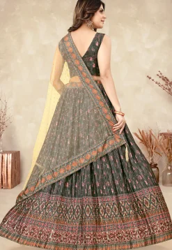 Digital Printed Chinon Silk Lehenga in Dark Grey