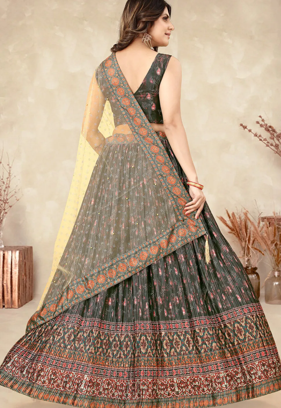Digital Printed Chinon Silk Lehenga in Dark Grey