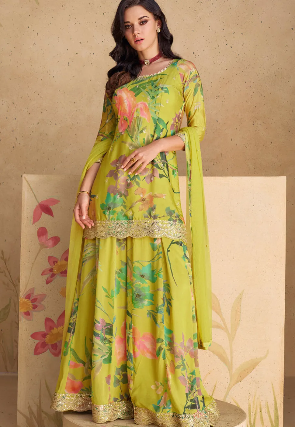 Digital Printed Chinon Silk Pakistani Suit in Olive Green