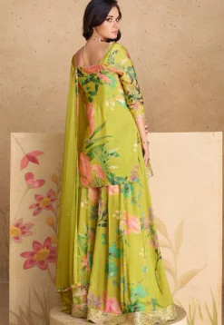 Digital Printed Chinon Silk Pakistani Suit in Olive Green