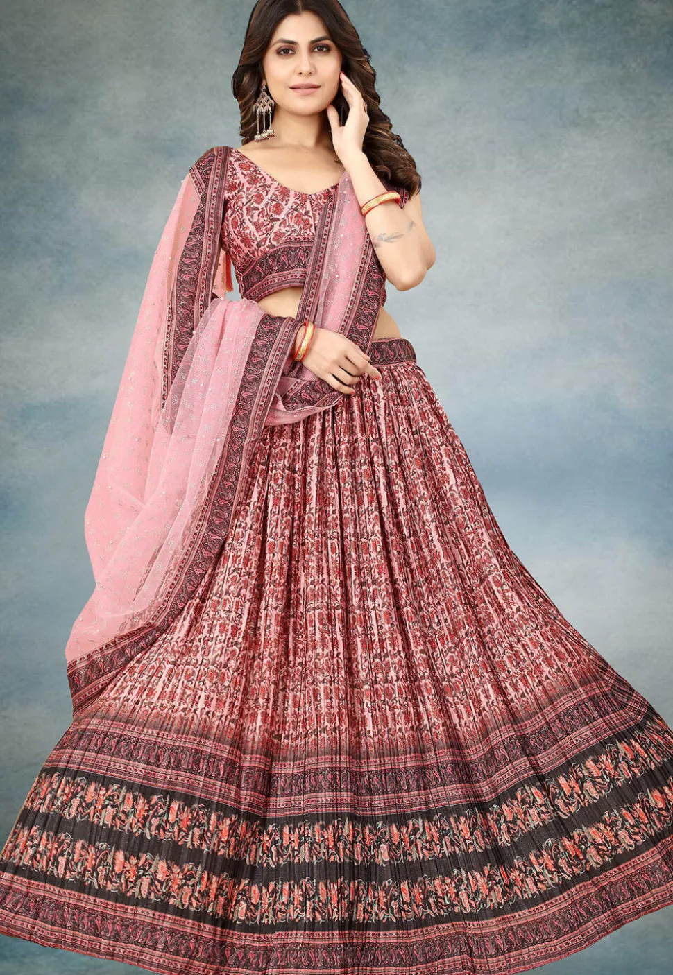 Digital Printed Chinon Silk Lehenga in Pink