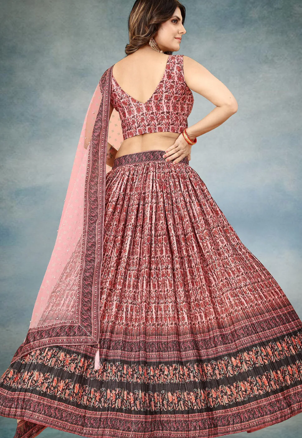 Digital Printed Chinon Silk Lehenga in Pink