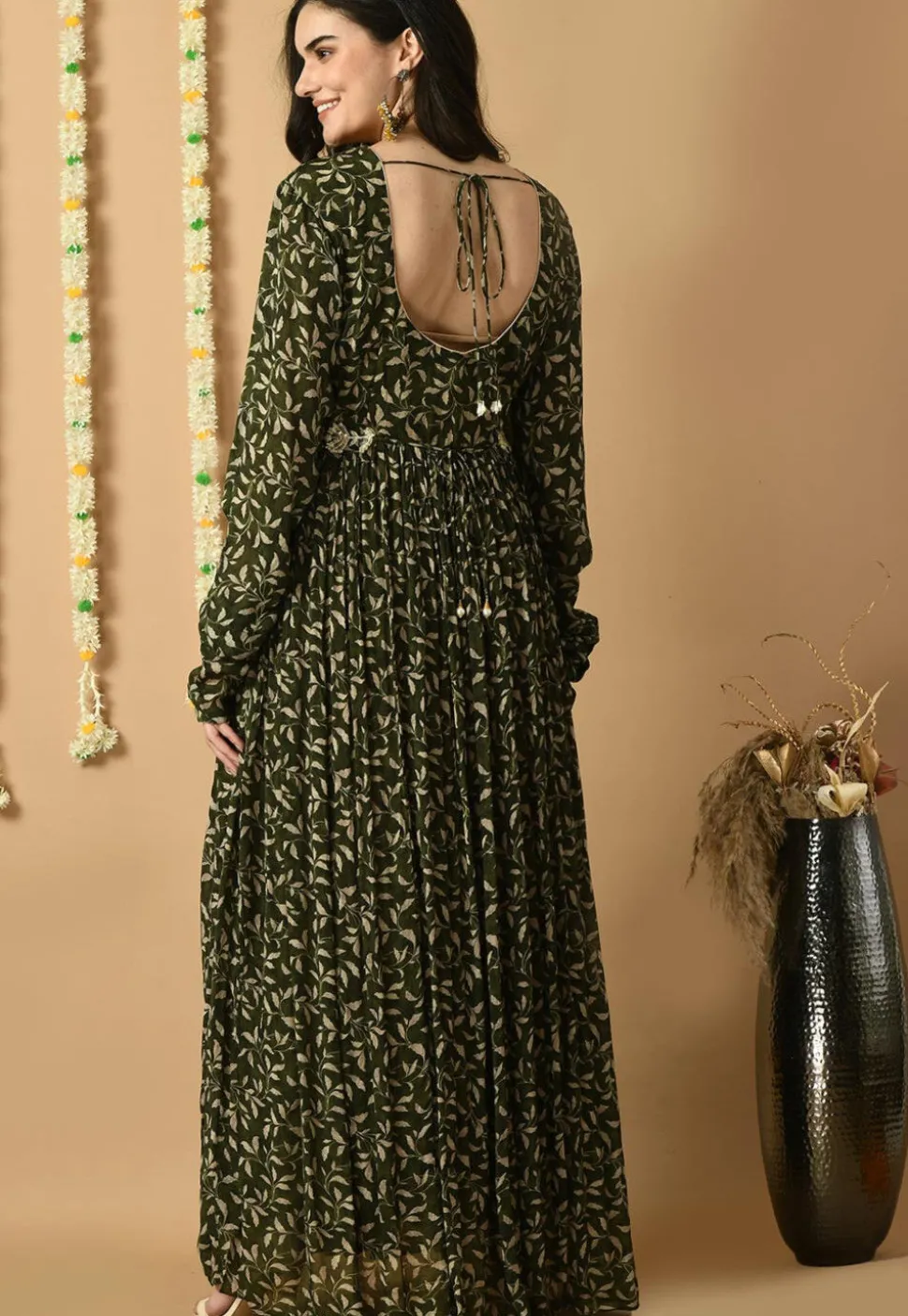 Digital Printed Chinon Silk Long Kurta Set in Olive Green