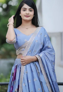 Digital Printed Chinon Silk Lehenga in Blue