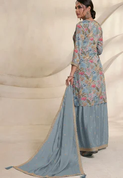 Digital Printed Chinon Silk Pakistani Suit in Dusty Blue