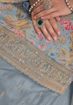 Digital Printed Chinon Silk Pakistani Suit in Dusty Blue