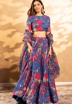 Digital Printed Chinon Silk Lehenga in Blue