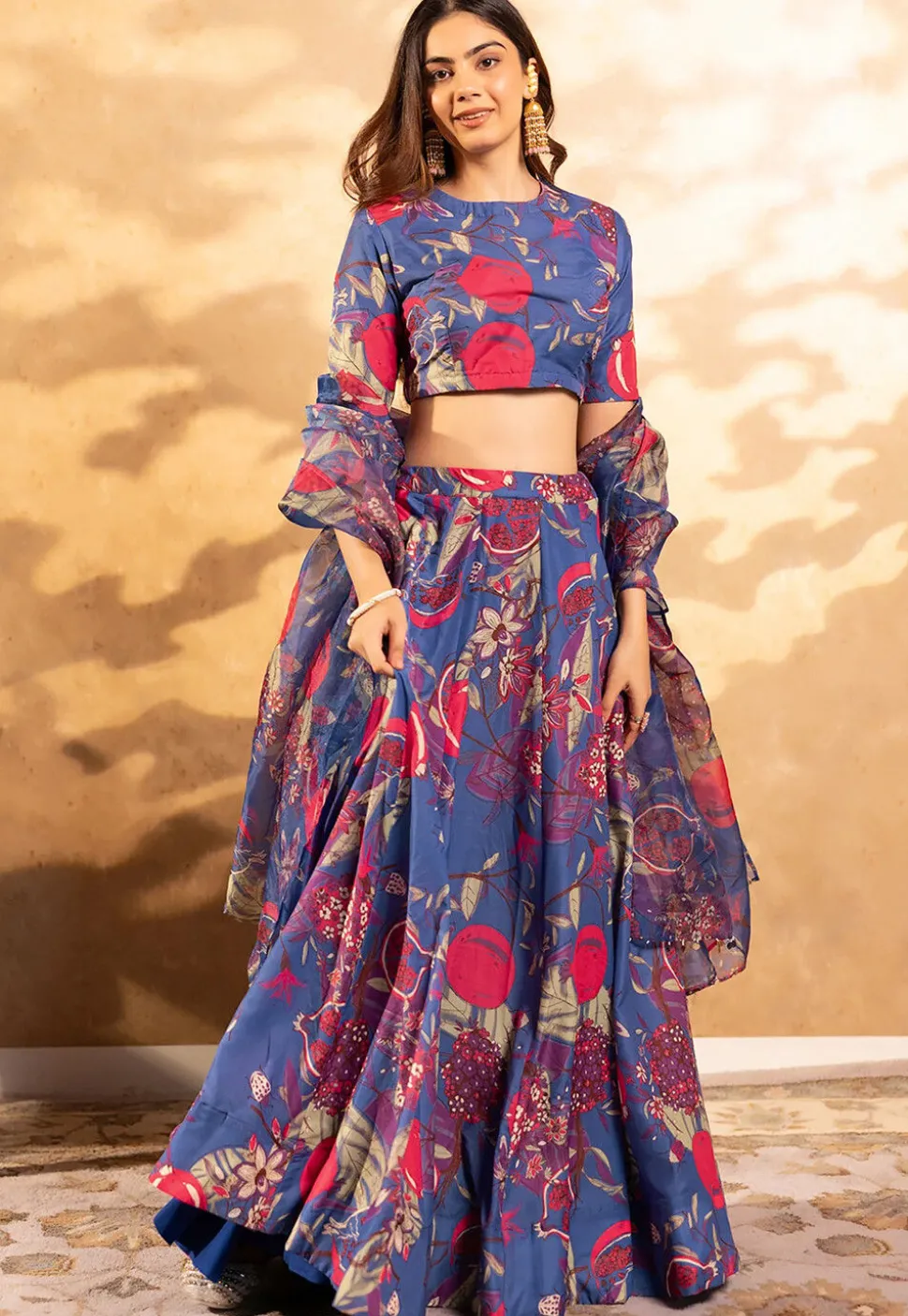 Digital Printed Chinon Silk Lehenga in Blue