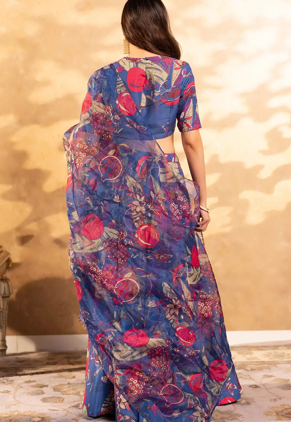Digital Printed Chinon Silk Lehenga in Blue