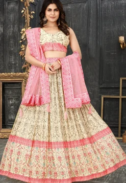 Digital Printed Chinon Silk Lehenga in Cream
