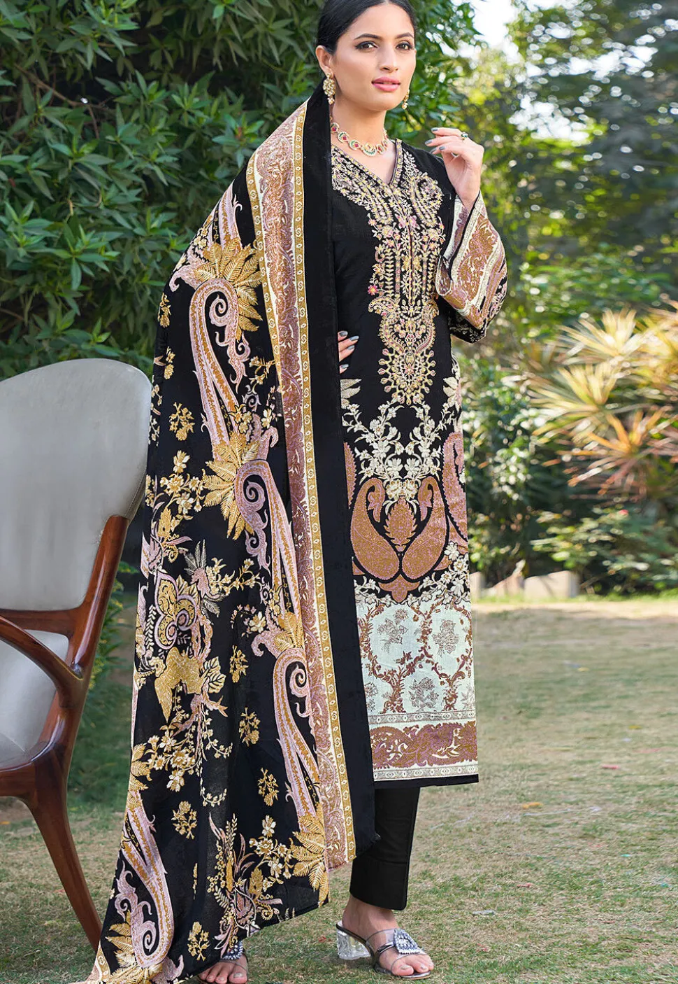 Digital Printed Chinon Silk Pakistani Suit in Black