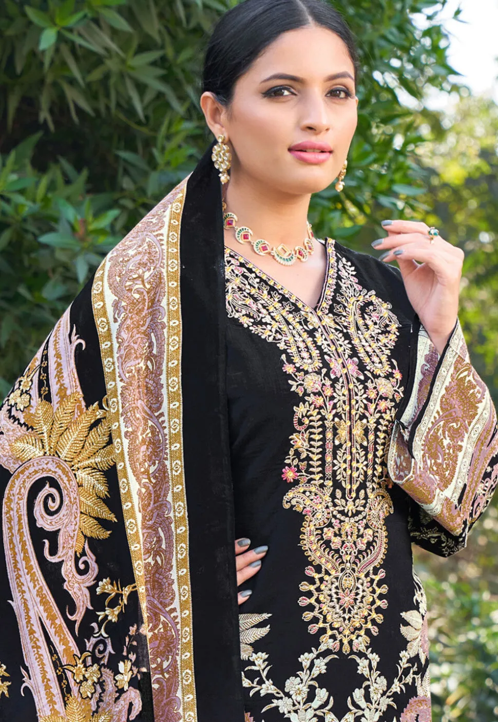 Digital Printed Chinon Silk Pakistani Suit in Black