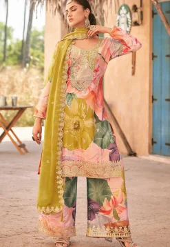 Digital Printed Chinon Silk Pakistani Suit in Peach and Multicolor